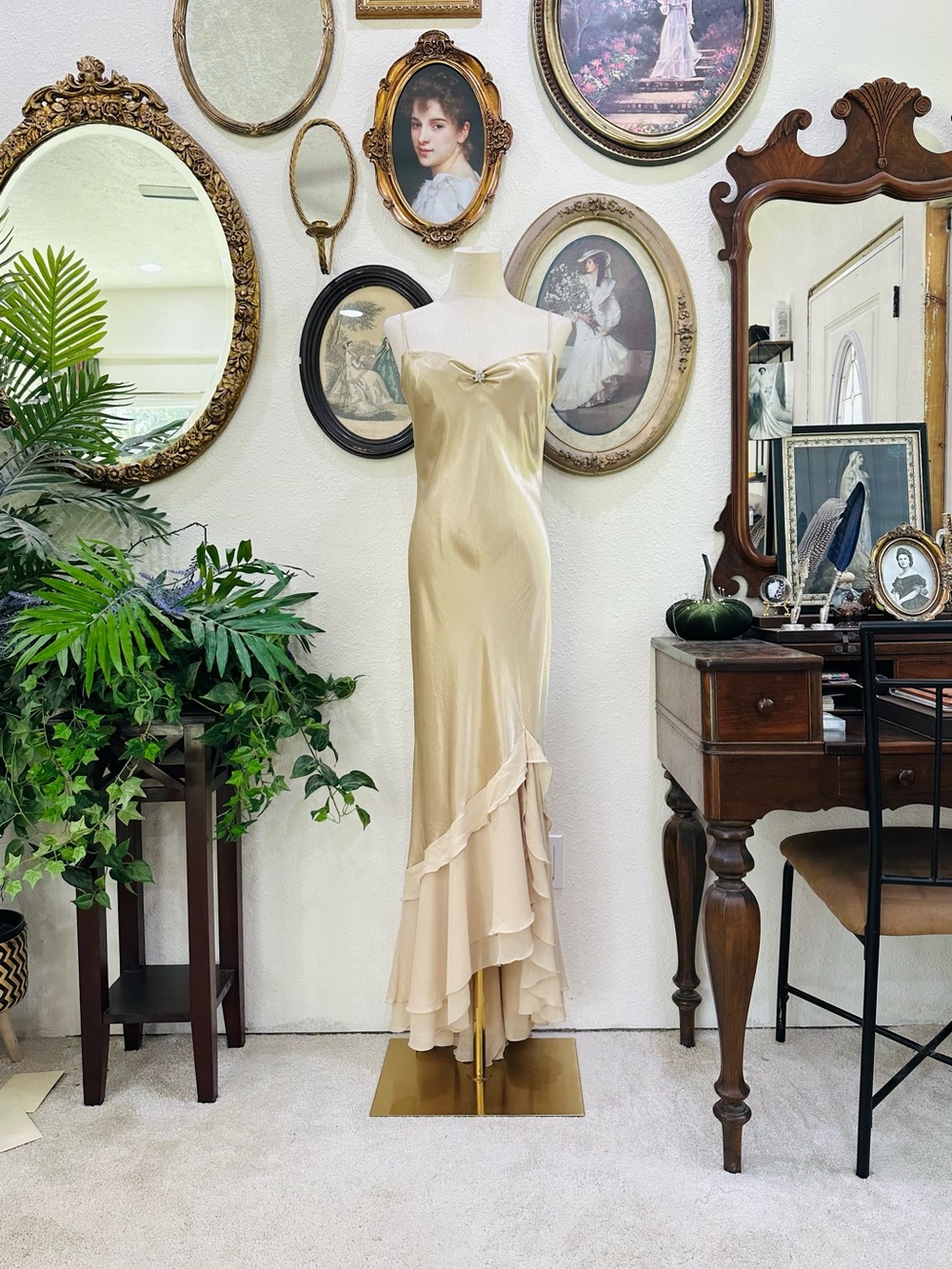 Wishes Wishes Wishes Champagne Satin Slip Dress with Ruffled Cascade